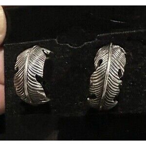 Hoop Feather earrings Vintage sterling silver Embossed Western Native American